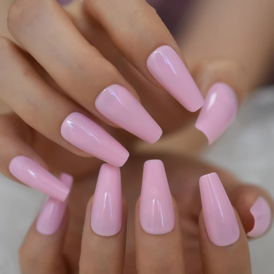24 Soft Pink Long Press On Nails kit glue on Pale light baby powder pink