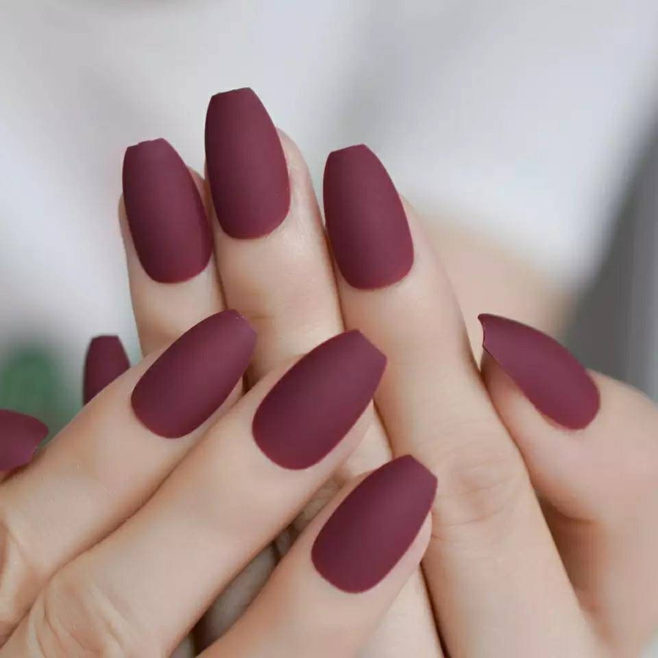 24 matte maroon burgundy long press on nails in medium coffin shape, deep dark red finish surethings