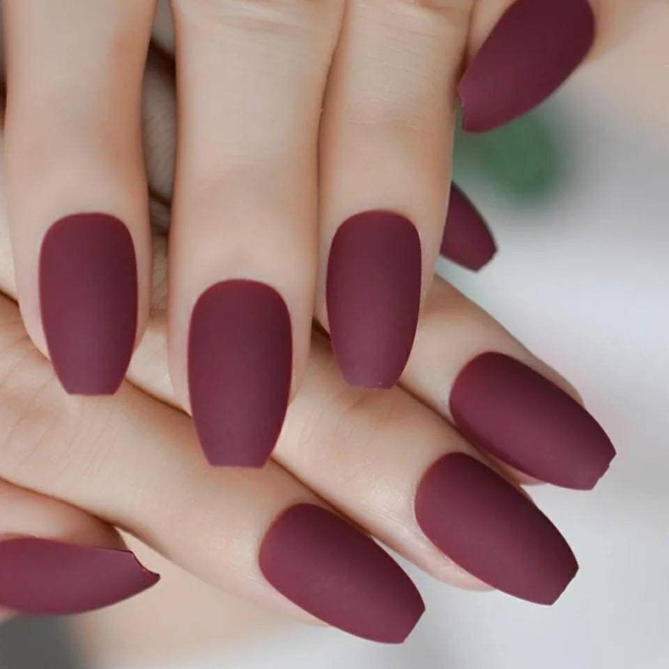 24 Matte Maroon Burgundy Long Press on Nails Medium Coffin Deep dark red
