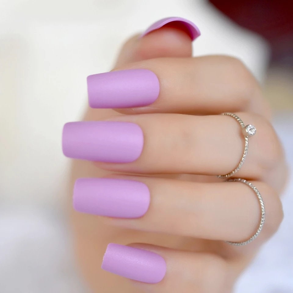 24 pcs lilac matte square long press-on nails – medium length glue-on nails in soft lavender light purple surethings