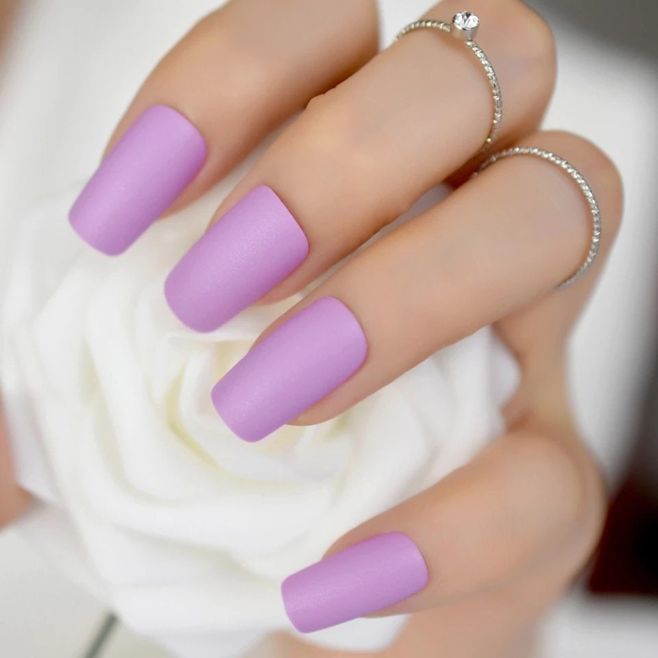 24 pcs lilac matte square long press-on nails – medium length glue-on nails in soft lavender light purple surethings
