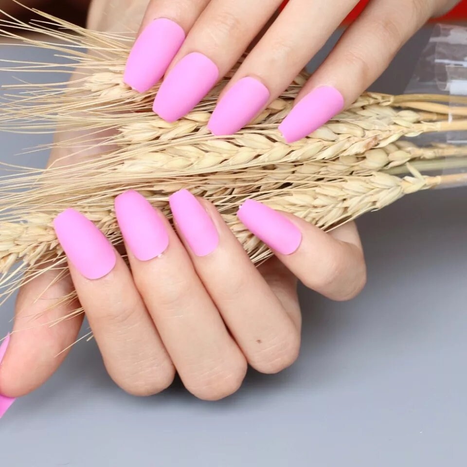 24 Matte Pink Long Press On Nails Coffin Medium Glue on light