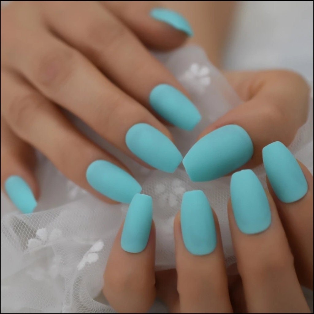 24 pcs Caribbean Aqua Matte Long Press On Nails Coffin Medium Glue on blue cyan