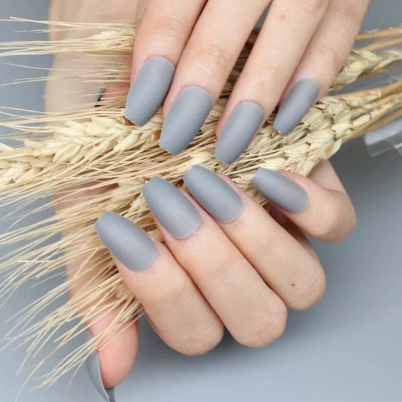 24 Matte Gray medium coffin Long Press On Nails kit glue on gray