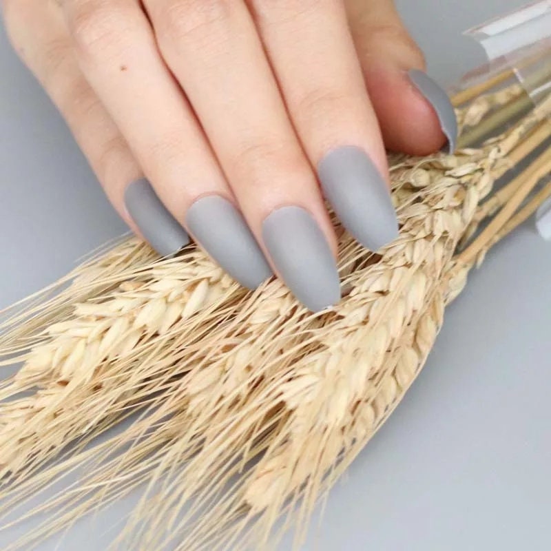 24 Matte Gray medium coffin Long Press On Nails kit glue on gray