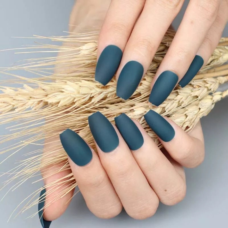 24 Evergreen Pine Matte Dark Teal Long Press on Nails Coffin Medium Glue on blue