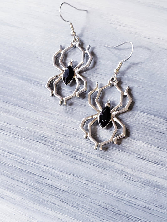 Elegant Goth Dangle Earrings featuring Spider and Bat motifs in a Dark Chrome finish surethings