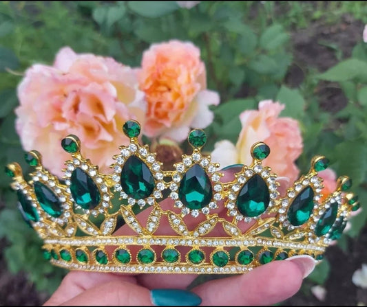 Emerald Green Tiara Crown Queen Gold headdress jewelry bridal Halloween cosplay