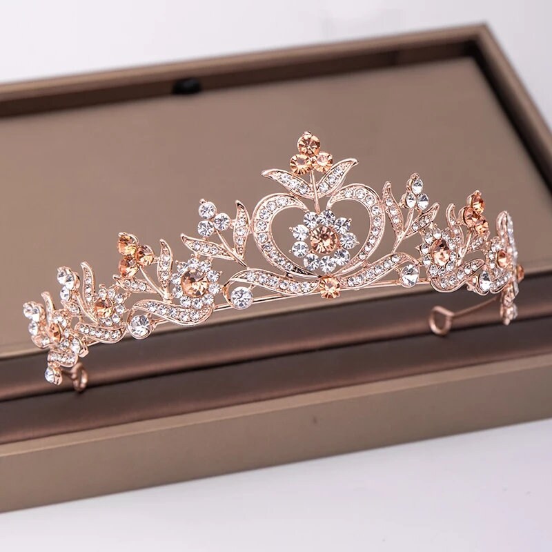 Rose Gold Princess Tiara Detailed Crystal pink Princess Queen diadem jewelry 