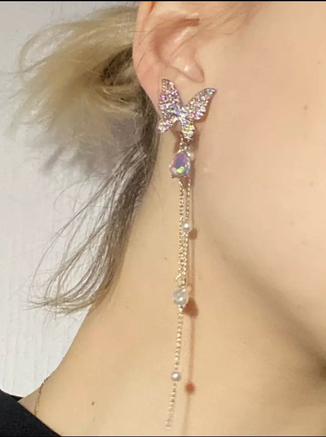 Holographic Gems Butterfly Earrings Delicate Dangle Drop detail light beautiful sparkly pearl Jewelry