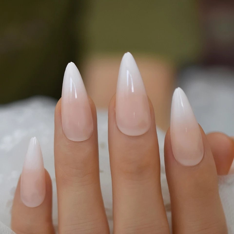 Ombre French Tip Nude White Long Press On Nails – Natural Stiletto Baby Boomer surethings