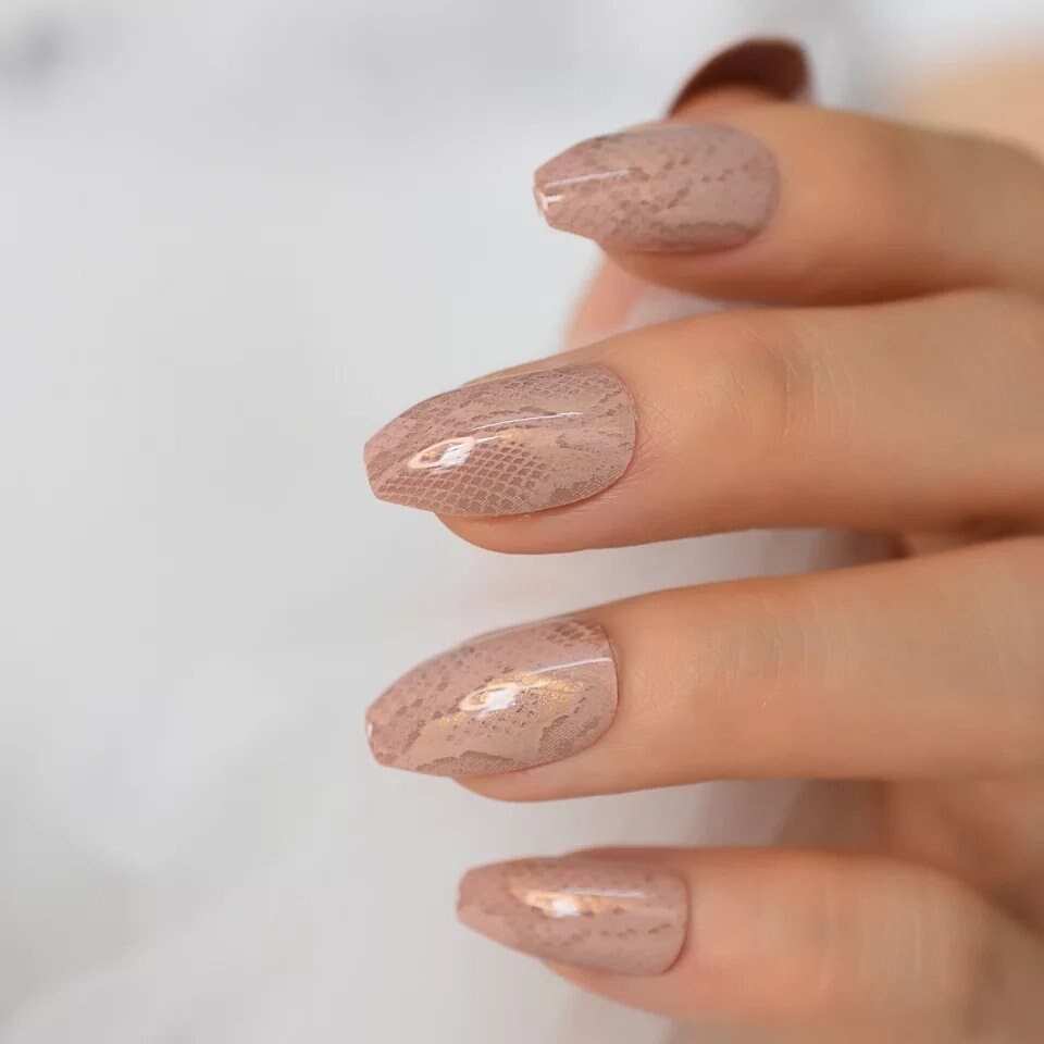 24 Nude Snake Skin Glossy Long Press on nails glue on natural Medium Coffin