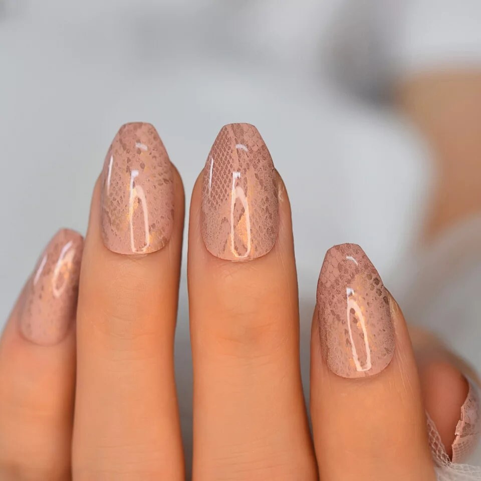24 Nude Snake Skin Glossy Long Press on nails glue on natural Medium Coffin