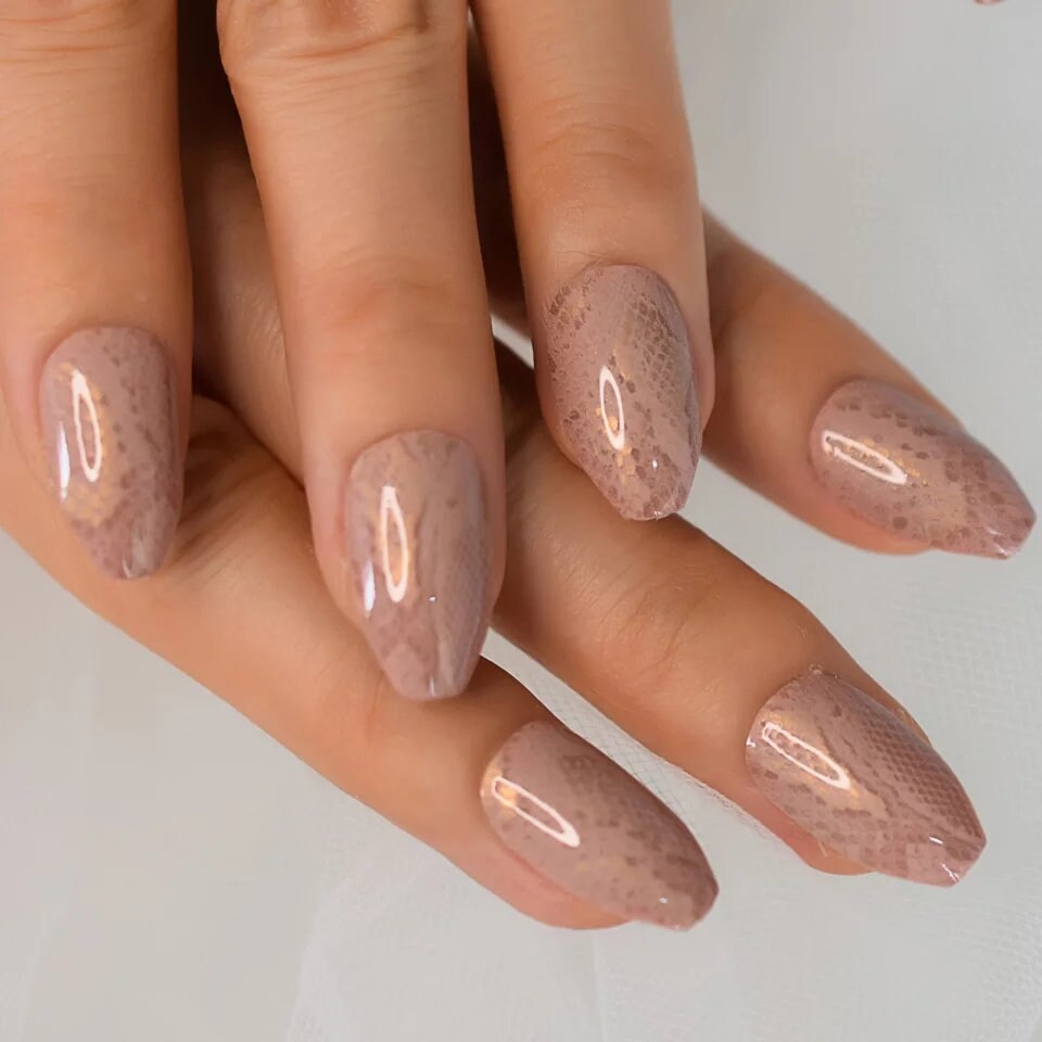 24 Nude Snake Skin Glossy Long Press on nails glue on natural Medium Coffin