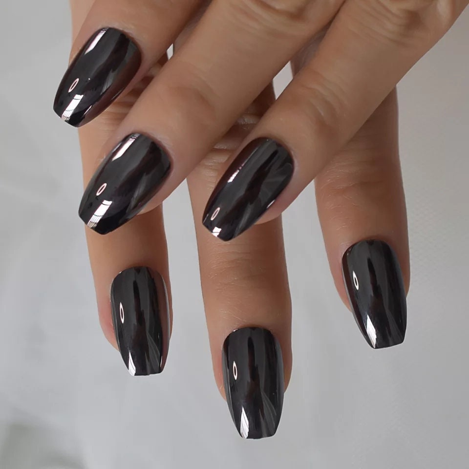 24 Gun metal Chrome medium Coffin Long Press on nails glue on mirror shiny metallic gray dark