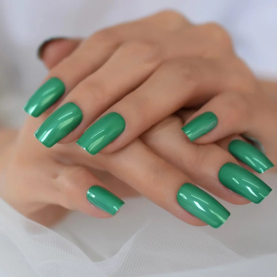 24 Green metallic Long Press On Nails Medium Square Glue on Mirror shiny bright