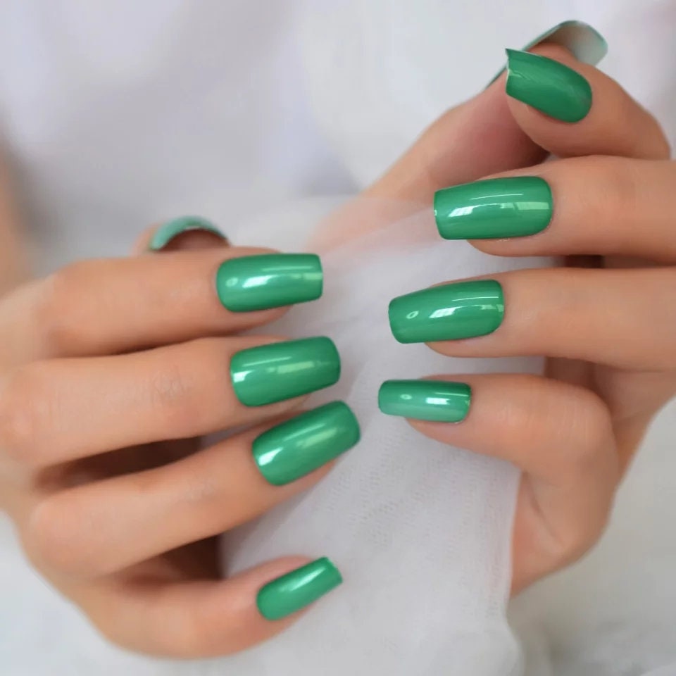 24 Green metallic Long Press On Nails Medium Square Glue on Mirror shiny bright