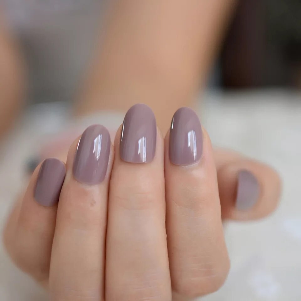 24 Glossy Greige Oval Short Press On Nails kit glue on beige gray tan nude neutral almond