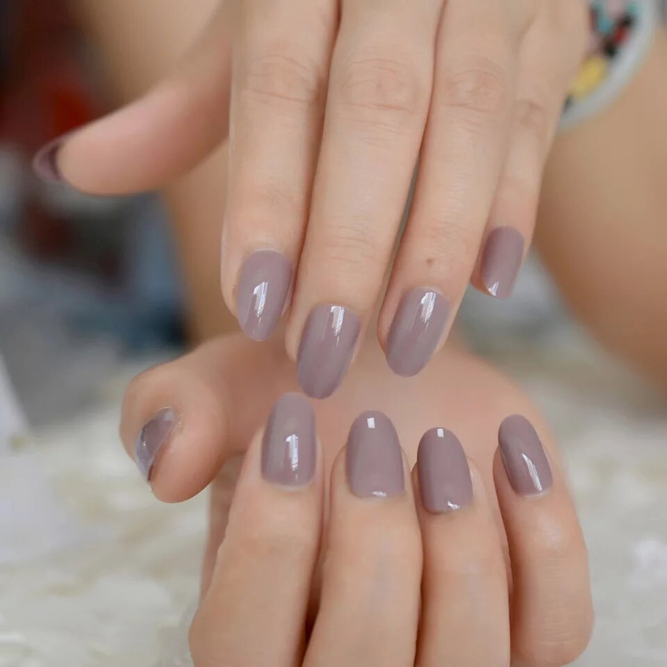 24 Glossy Greige Oval Short Press On Nails kit glue on beige gray tan nude neutral almond