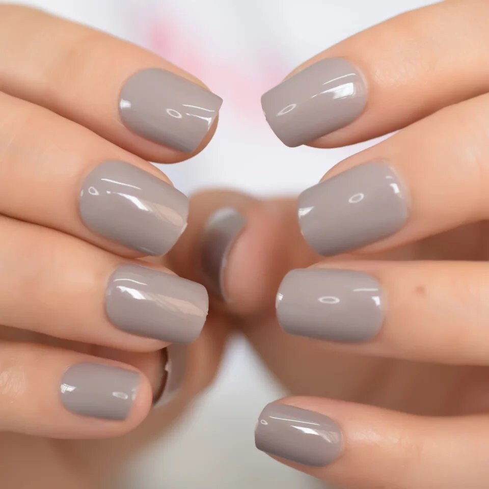 24 Greige Short Press on nails glue on beige gray tan nude neutral almond oval mauve muted purple surethings