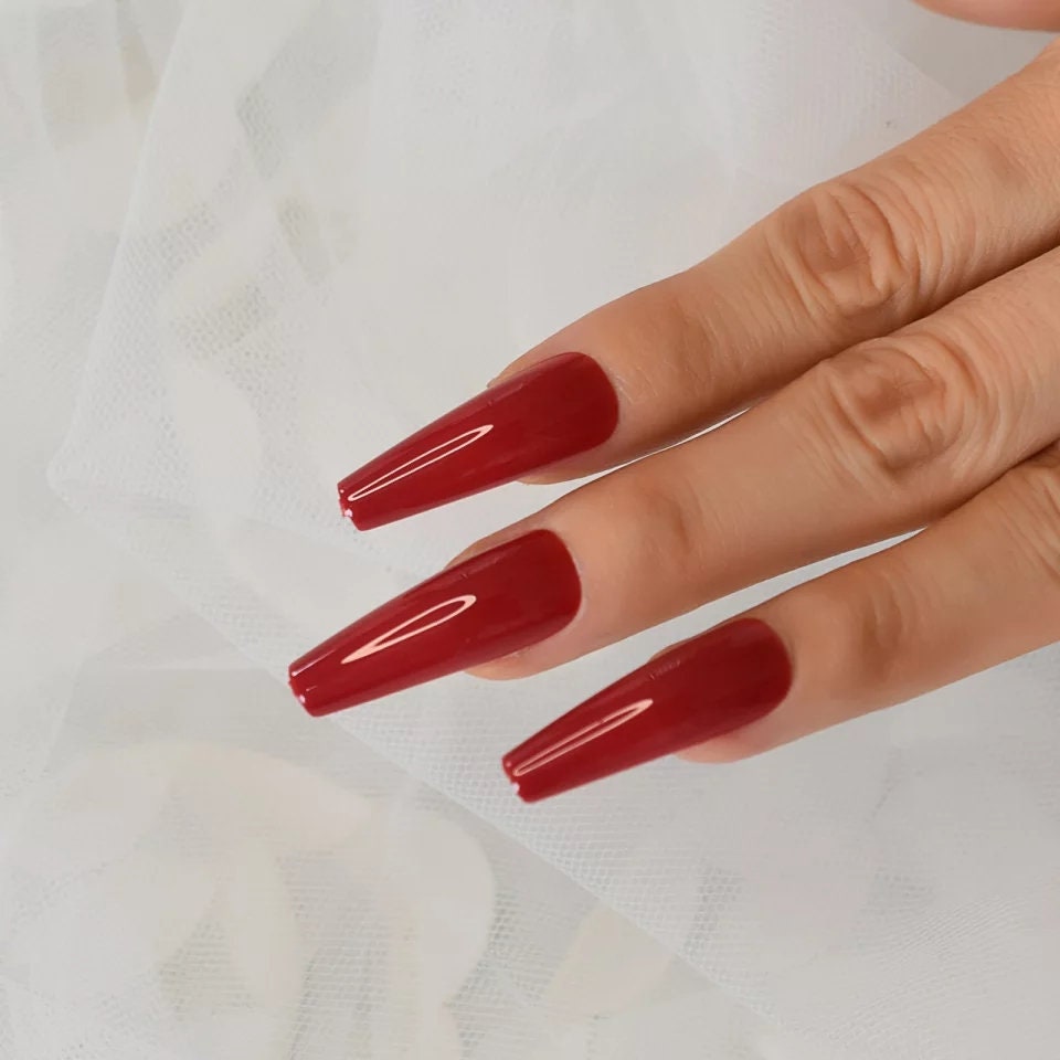 24 vampy red long coffin press on nails – straight shape dark gothic glue-on set surethings