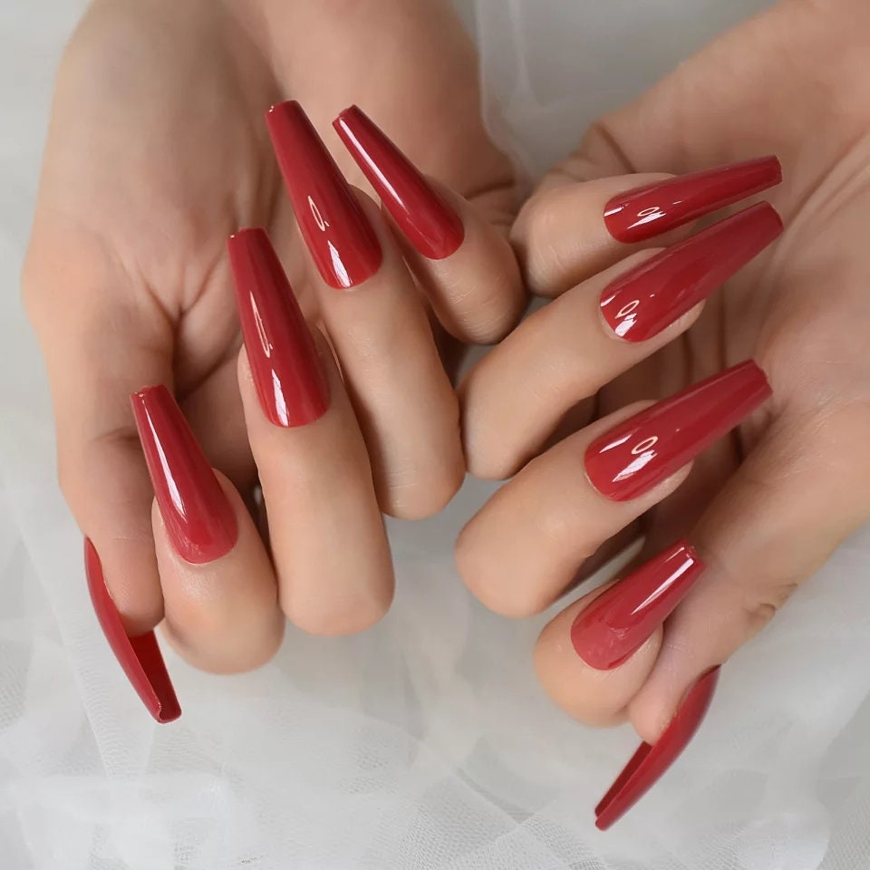 24 vampy red long coffin press on nails – straight shape dark gothic glue-on set surethings