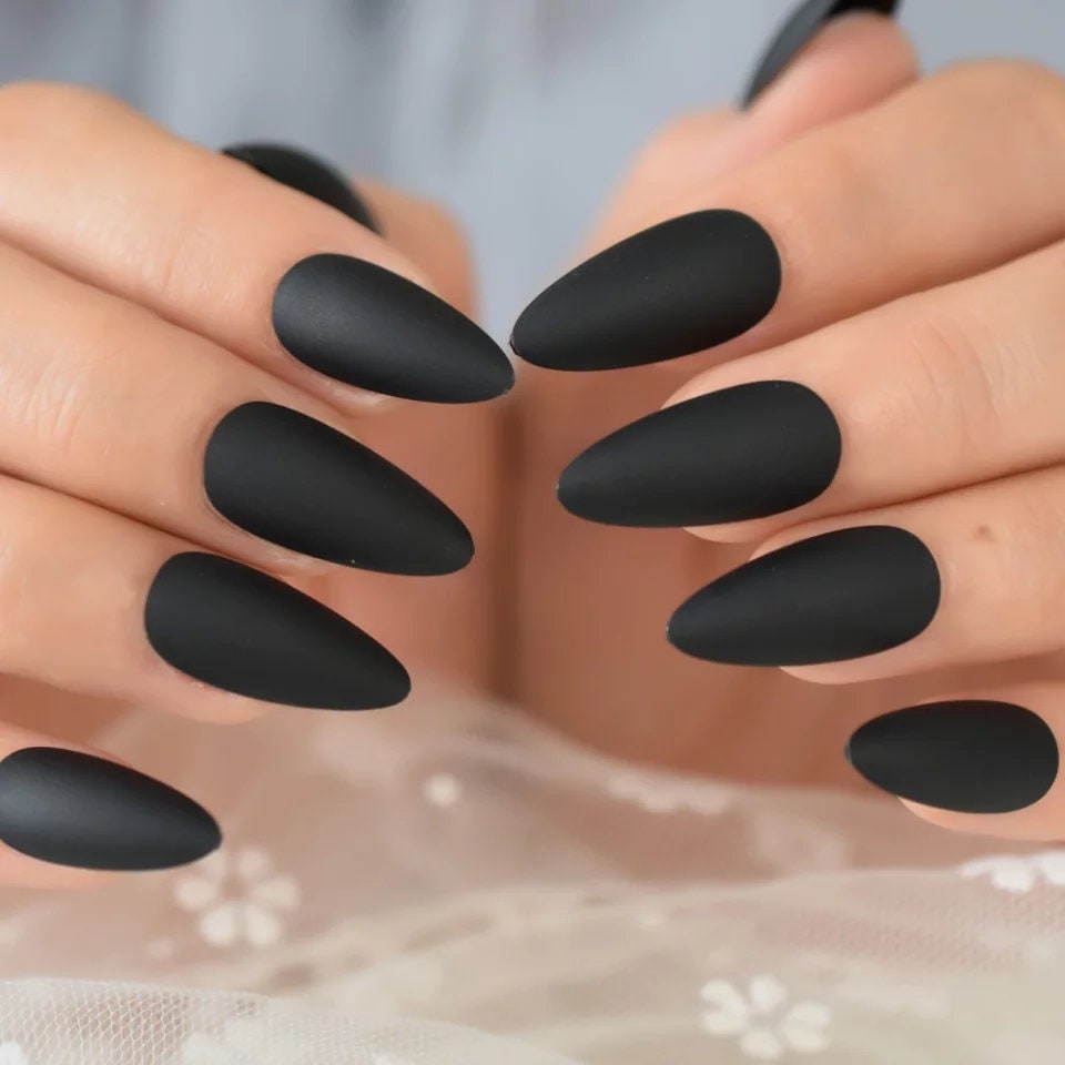 24 Vampy Matte Black Press on nails Stiletto witchy goth alt glue on Dark