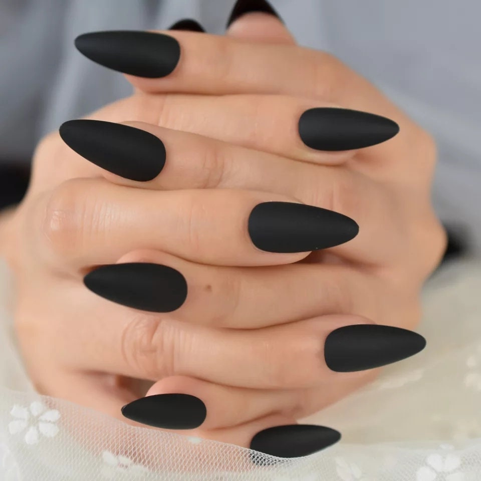 24 Vampy Matte Black Press on nails Stiletto witchy goth alt glue on Dark