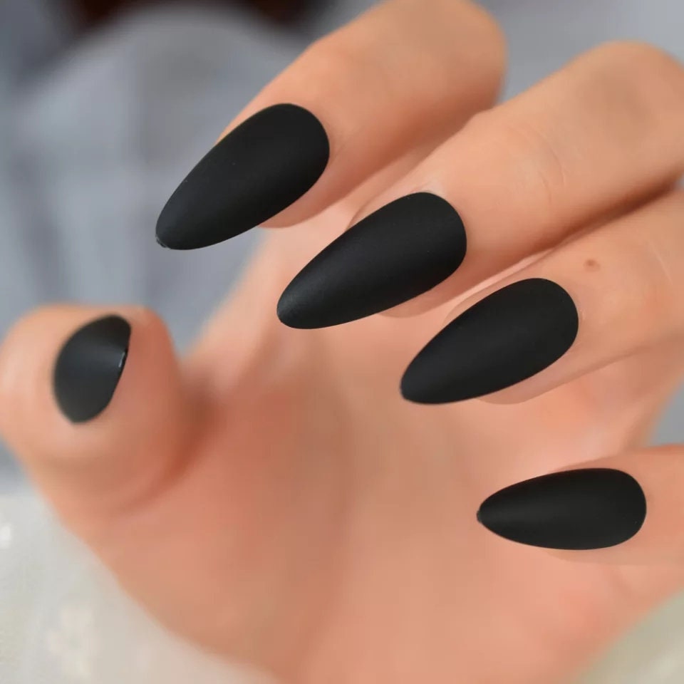 24 Vampy Matte Black Press on nails Stiletto witchy goth alt glue on Dark