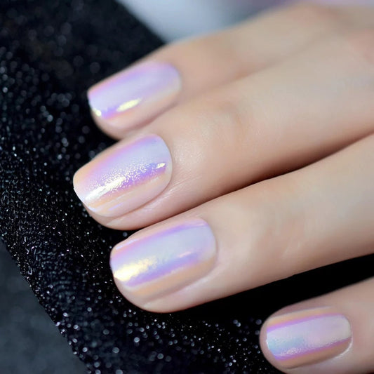 24 pink nude Holographic iridescent Unicorn Short Press on nails glue on pink shimmer