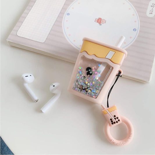 Bubble boba Tea Airpod Case 1 and 2 version Kawaii Cute Pink silicone soft milk tea girls funny food drink keychain
