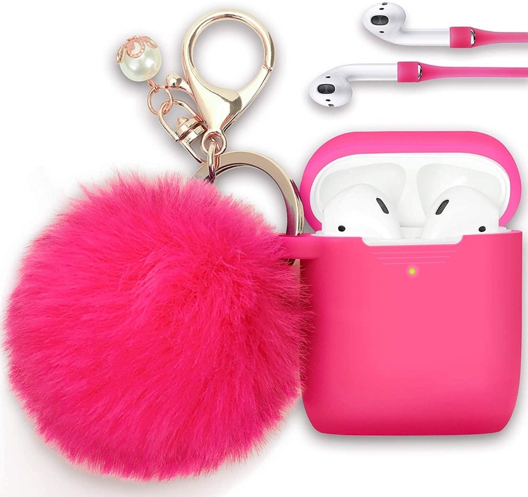 Pom Pom Keychain Airpod Case 1 and 2 version Kawaii Cute Pink silicone soft blue purple green gray