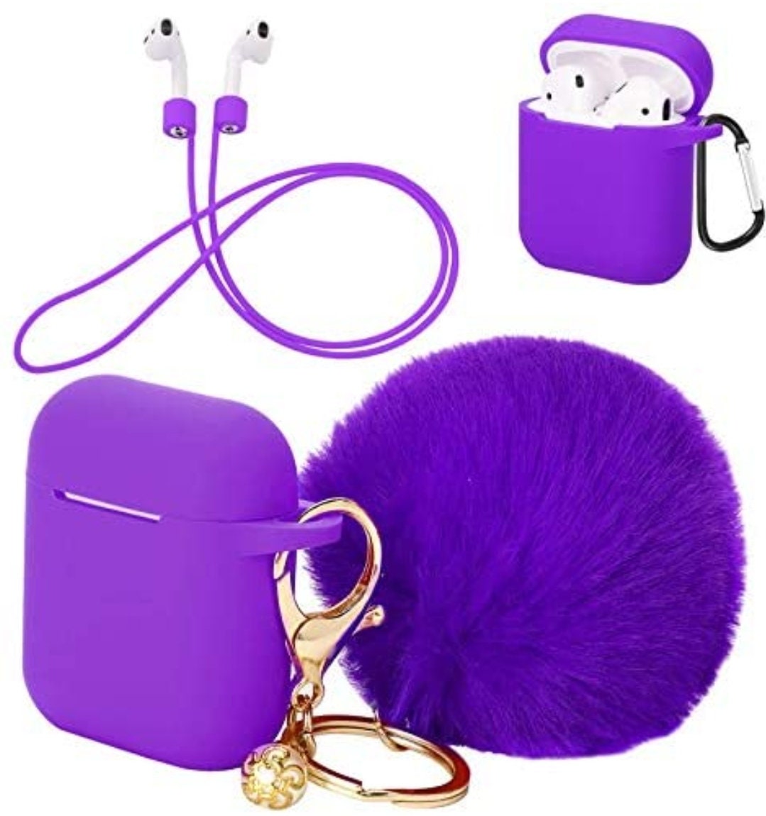 Pom Pom Keychain Airpod Case 1 and 2 version Kawaii Cute Pink silicone soft blue purple green gray