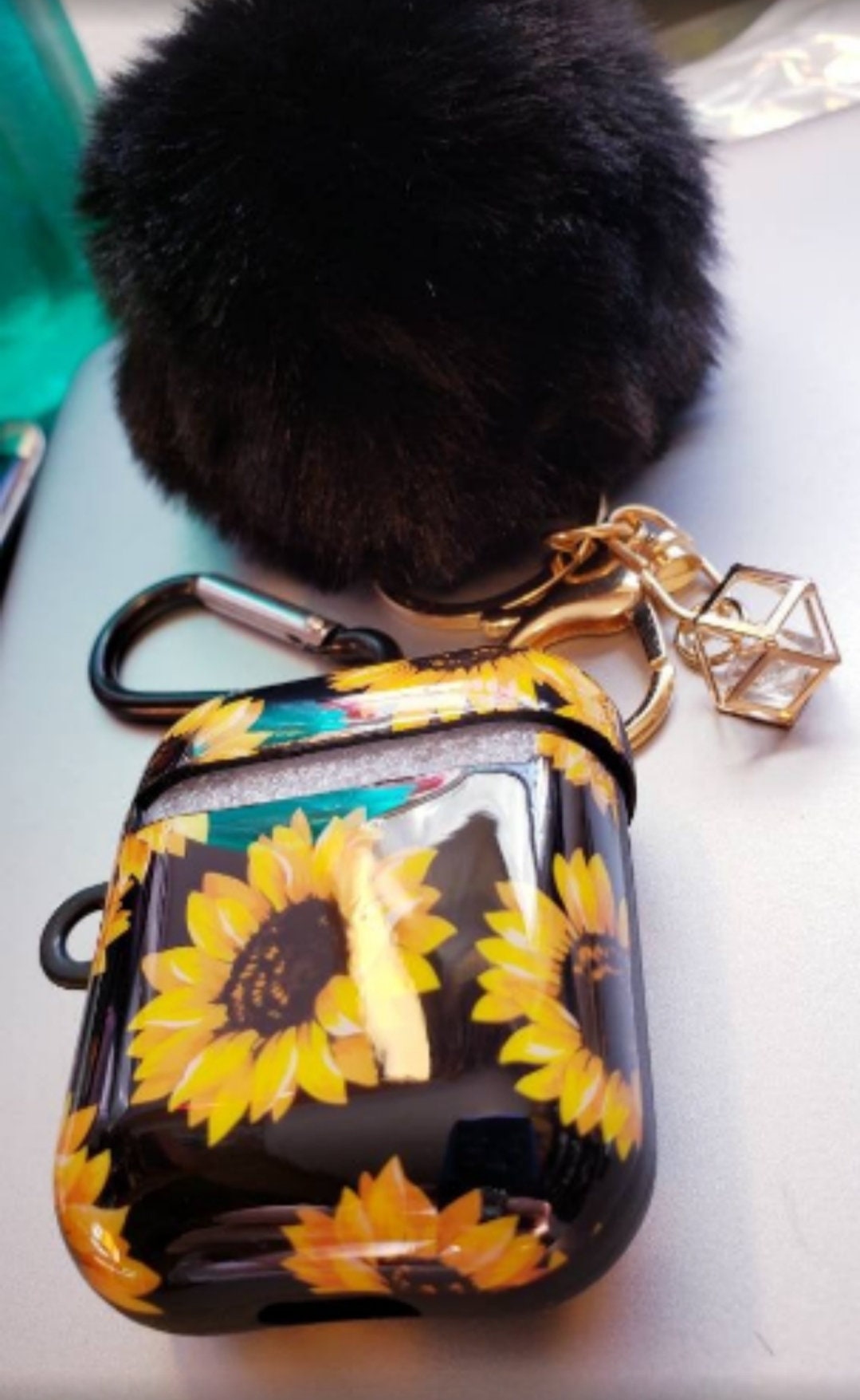 Sunflower Black Pom Pom Keychain Airpod Case 1 and 2 version