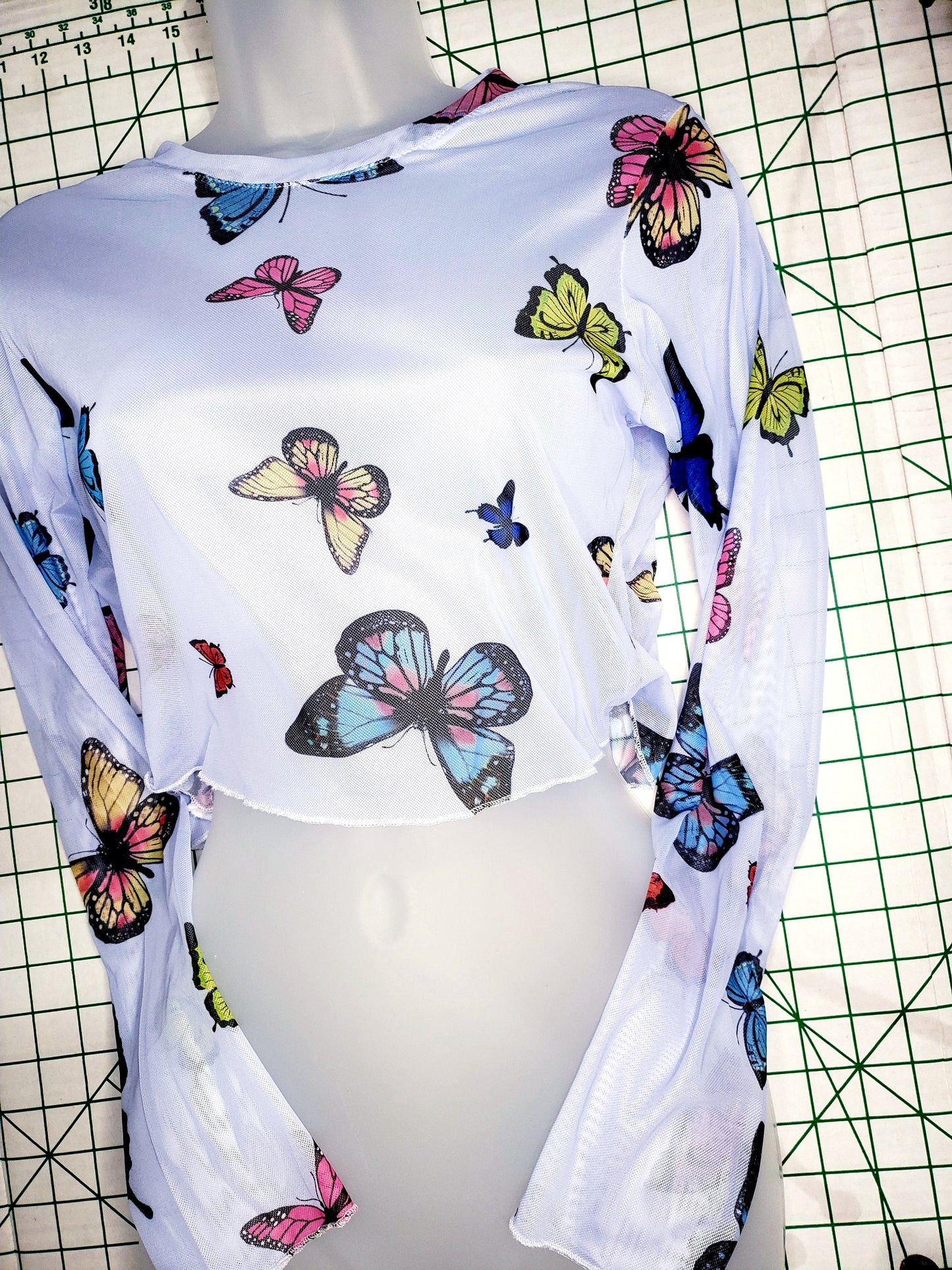 Butterfly Sheer Mesh Going out tops for women long sleeve shirt funky 90s trendy colorful see through blue pink kawaii