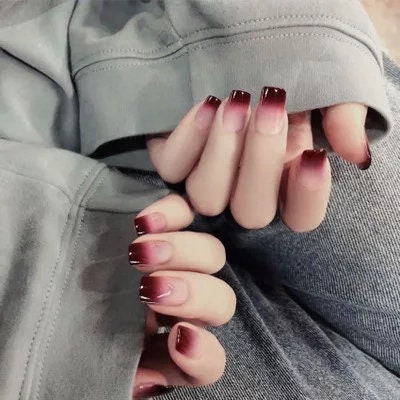 Goth Dark Red Ombre Short Press On Nails with Nude French Tip – Maroon Glue On Kit surethings