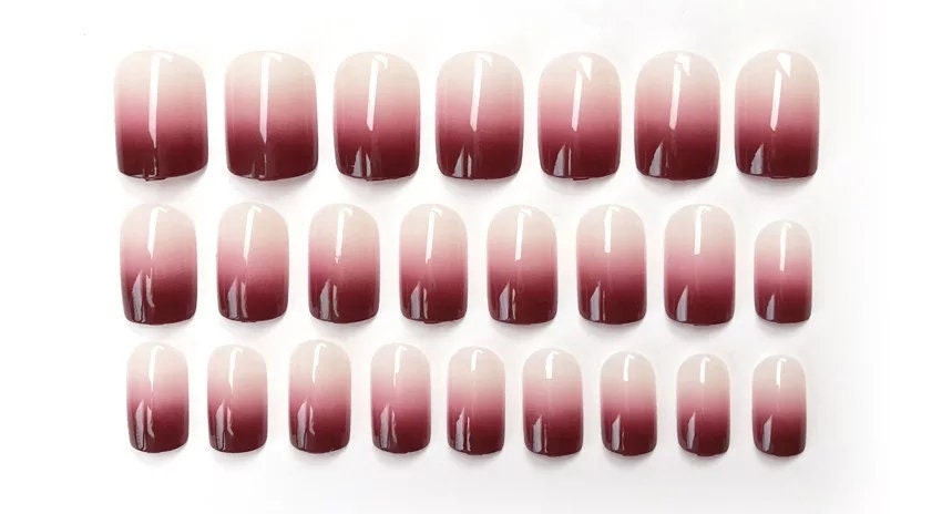 Goth Dark Red Ombre Short Press On Nails with Nude French Tip – Maroon Glue On Kit surethings