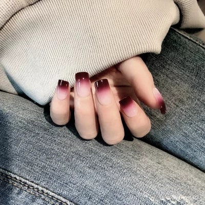 Goth Dark Red Ombre Short Press On Nails with Nude French Tip – Maroon Glue On Kit surethings