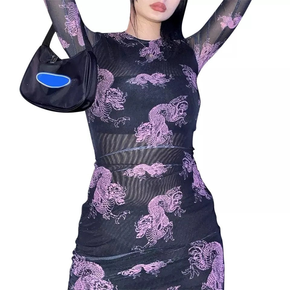 Dragon Mesh Dress Black 90s y2k long sleeve see through sheer Harajuku kawaii goth