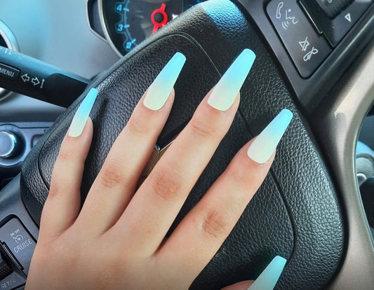 24 piece extra long matte coffin press-on nails in blue, teal, and yellow ombre finish surethings