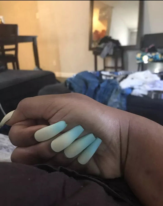 24 piece extra long matte coffin press-on nails in blue, teal, and yellow ombre finish surethings