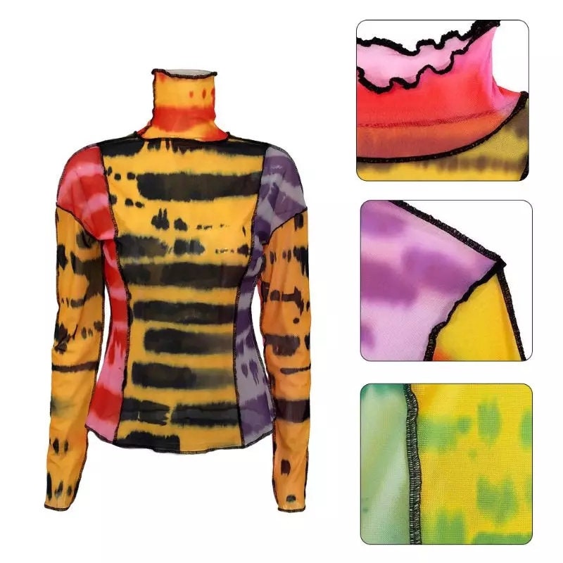 Multicolor Sheer Mesh Going out tops for women long sleeve shirt funky 90s trendy colorful see through