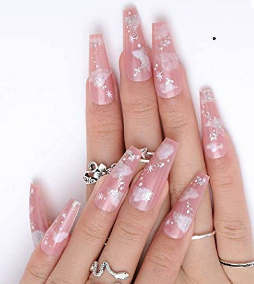 24 Pink Clouds Long Press On Nails Coffin Natural nude glue on white straight sky dream
