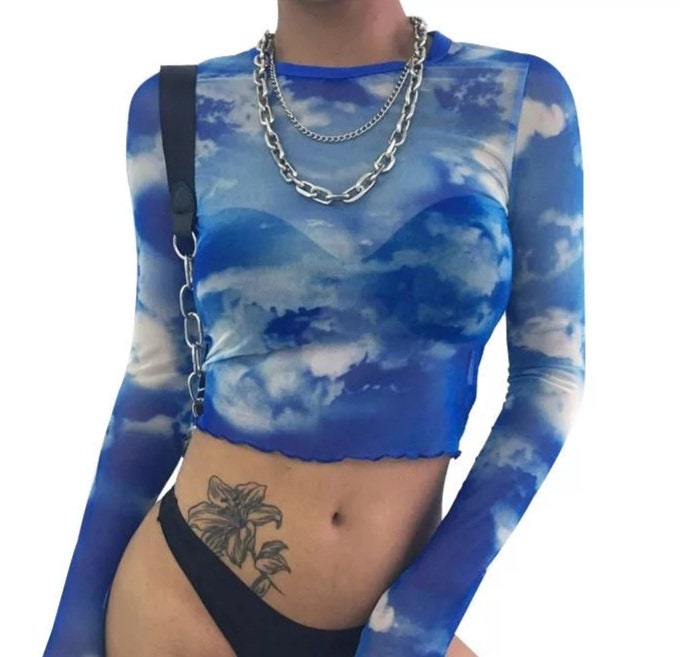 Sheer Blue skies Clouds Mesh Going out tops for women long sleeve shirt funky 90s trendy see through white crop