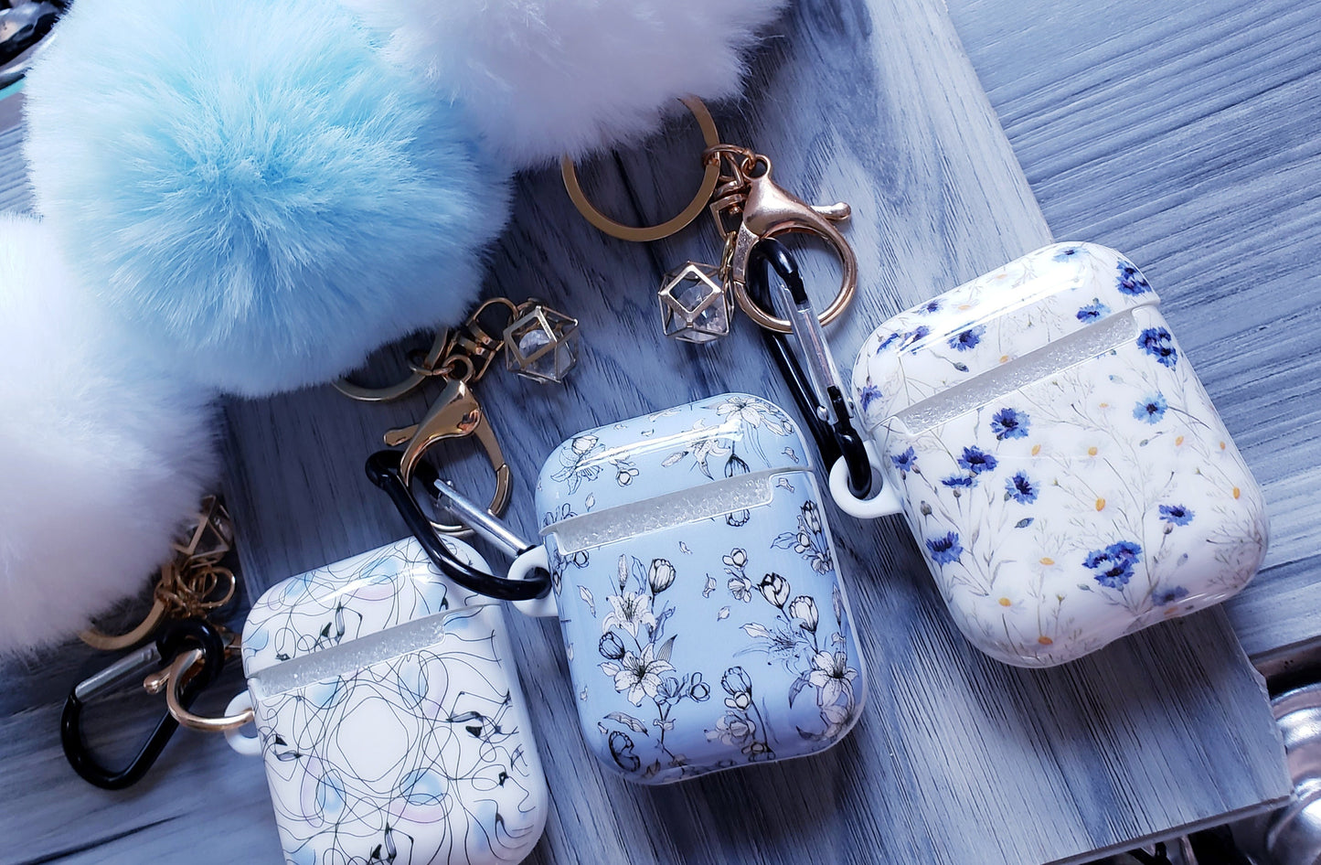 Unique Floral Pom Pom Keychain Airpod Case 1 and 2 version Kawaii Cute Pink white blue ooak protective case elegant nice