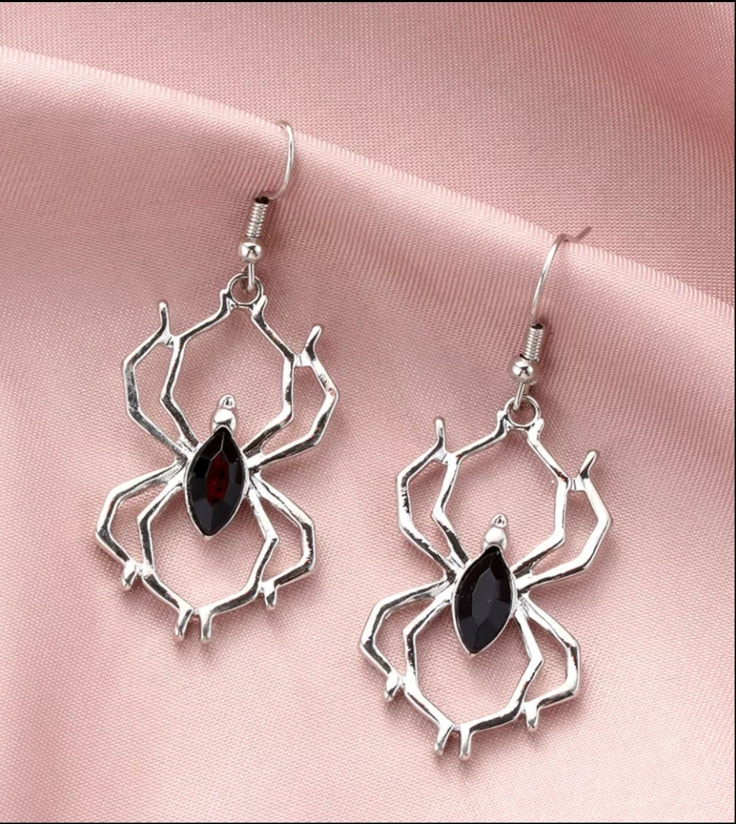 Elegant Goth Dangle Earrings featuring Spider and Bat motifs in a Dark Chrome finish surethings
