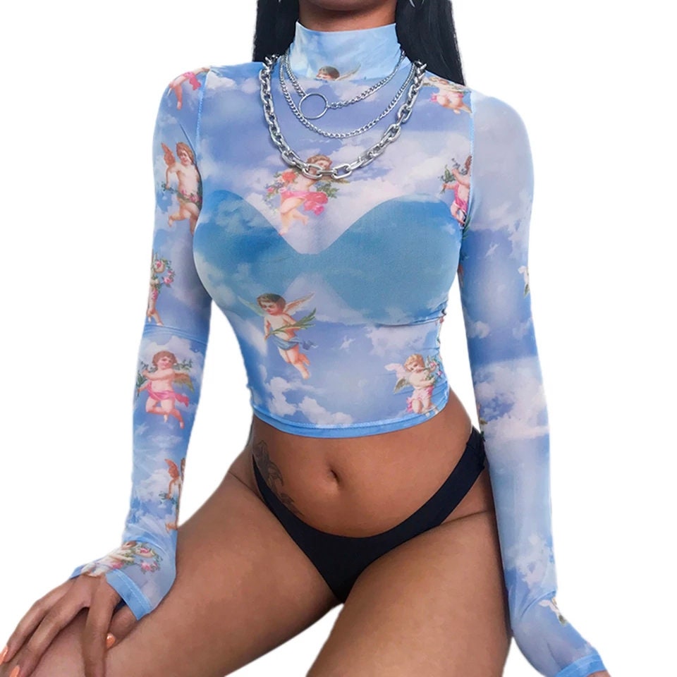 Angels Mesh Going out tops for women long sleeve cherubs funky 90s trendy see through crop stretchy nude pink blue clouds baby cherub