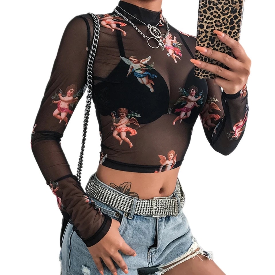 Angels Mesh Going out tops for women long sleeve cherubs funky 90s trendy see through crop stretchy nude pink blue clouds baby cherub
