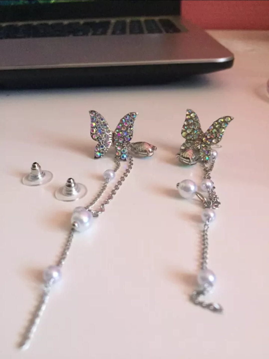 Holographic Gems Butterfly Earrings Delicate Dangle Drop detail light beautiful sparkly pearl Jewelry