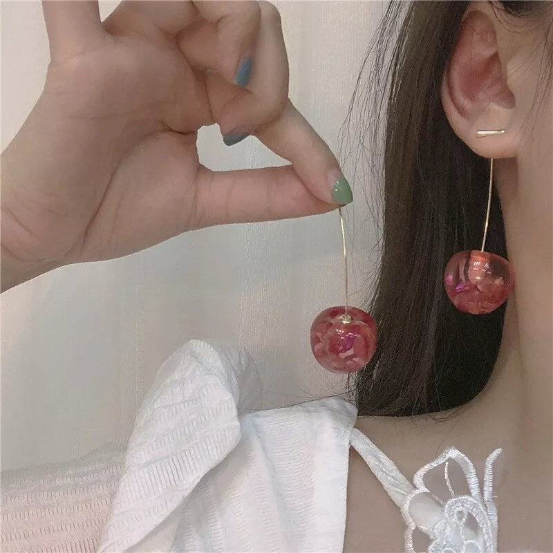 Realistic Cherry Earrings Dangle Drop Red dark wild juicy cherries fruit Jewelry